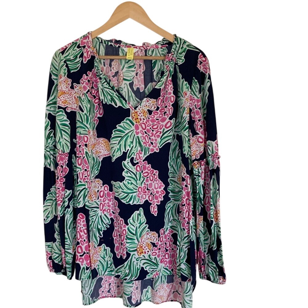 Crown &‎ Ivy Womens Long Sleeve Tunic Blouse Size XL Navy Pink Tropical Summer